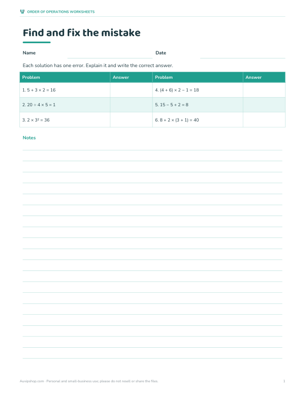 Preview of Find the Mistake Order of Operations Worksheet