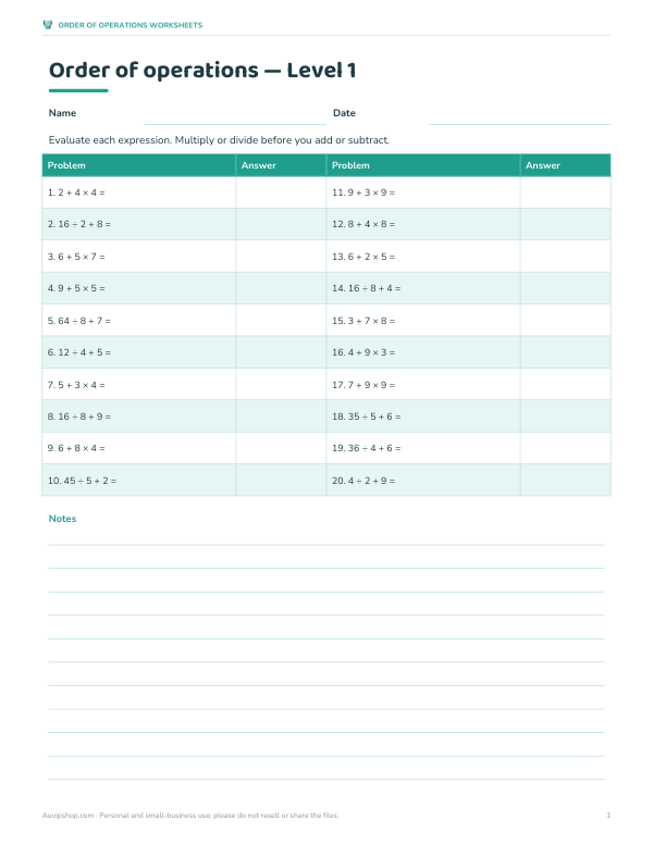 Preview of Printable Order of Operations Worksheet