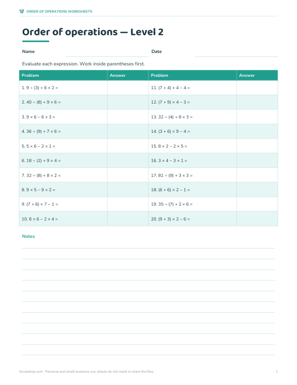 Preview of Printable Order of Operations Worksheets