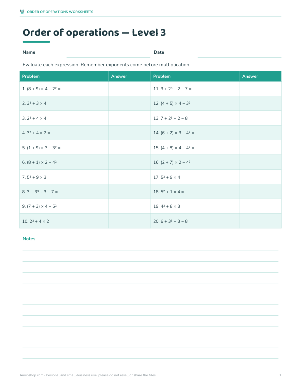 Preview of Printable Order of Operations Worksheets Level 3